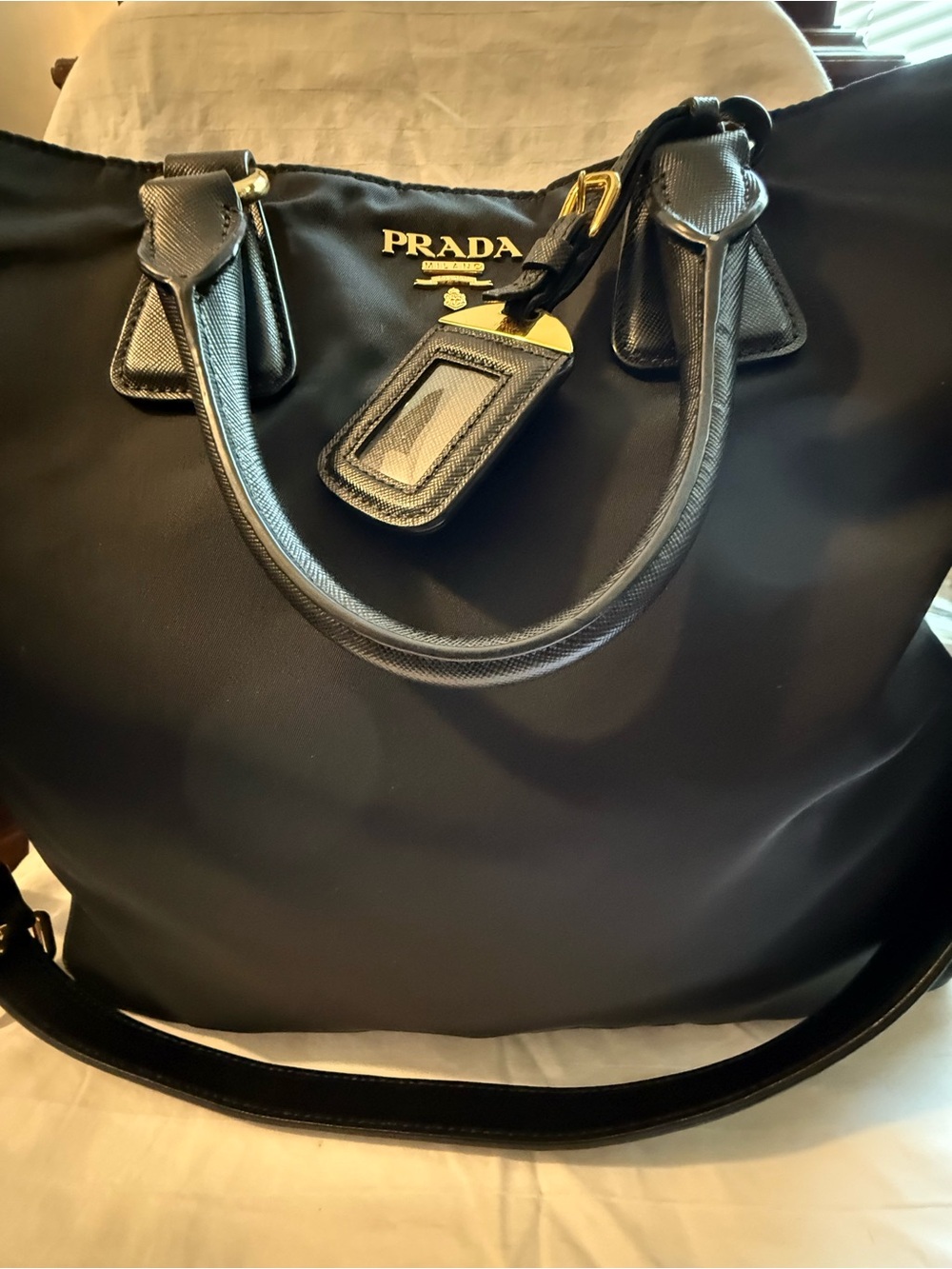 Prada Black Tessuto Nylon Saffiano Logo Tote with Gold Hardware